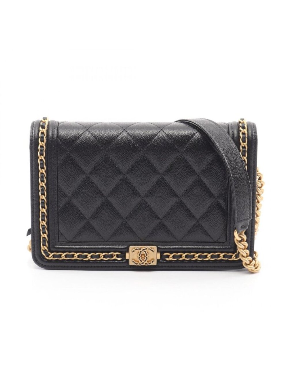 Chanel Shoulder Bag Boy Quilted Black Caviar Leather Chain Wallet